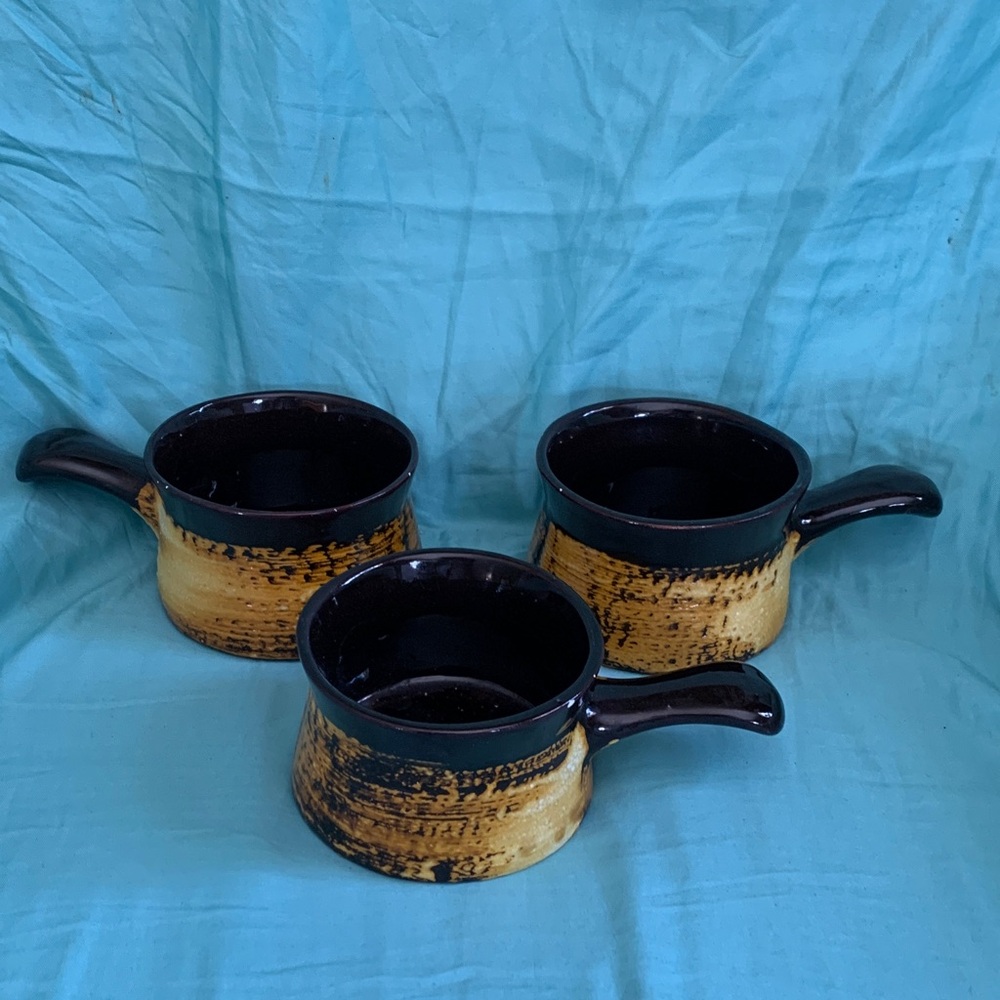 Rustic Ceramic Handle Soup Bowls - Brown and Black (Set of 3)